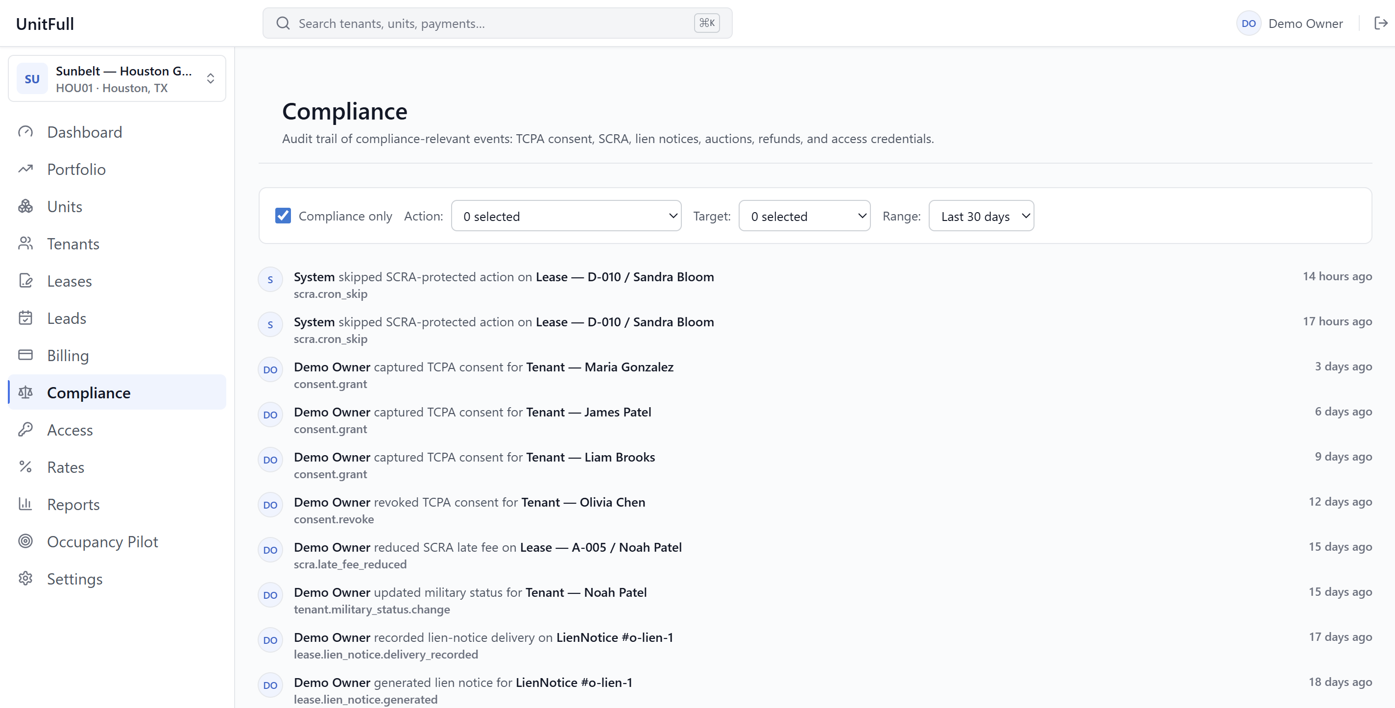 UnitFull compliance audit log — lien notices, SCRA late-fee reductions, and consent events